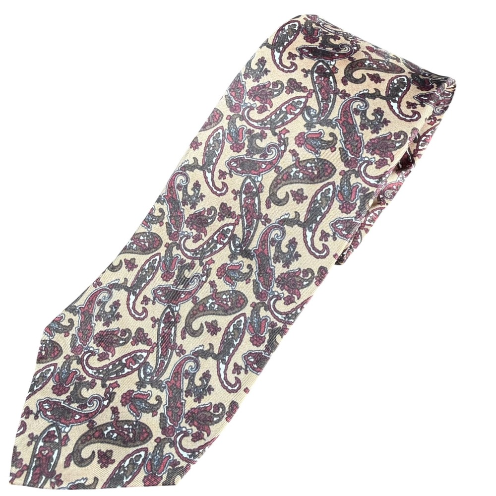 Christian Dior Paisley Silk Tie Mens Tan Burgundy Vintage Designer Necktie